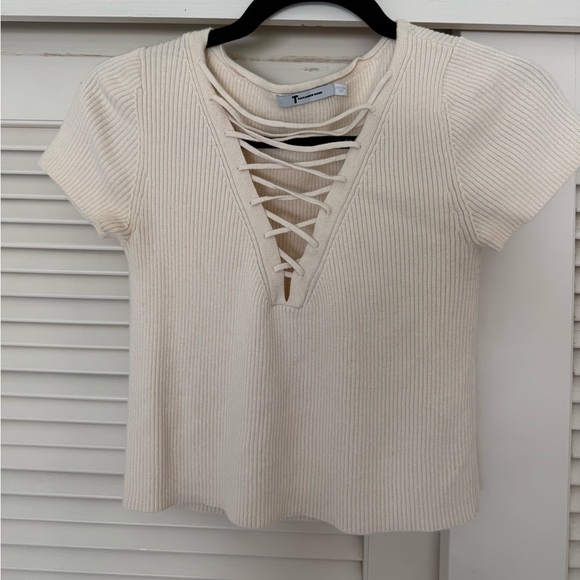 Cream Ribbed Lace-Up Top - Picture 1 of 1